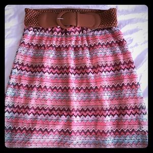 Women’s long pink/blue skirt with brown belt